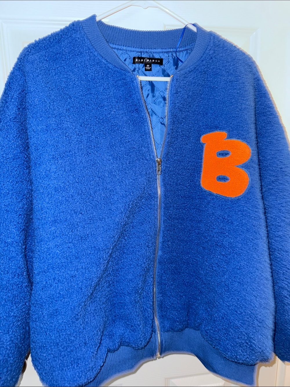 Blue Blush Royal Blue Bomber Jacket with Orange Patch